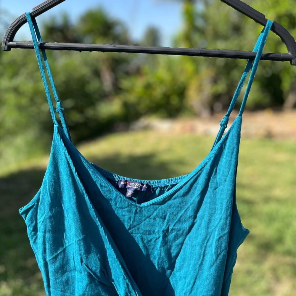 one clothing Teal Wrap-Style Spaghetti Strap romper jumpsuit shorts - Picture 3 of 7